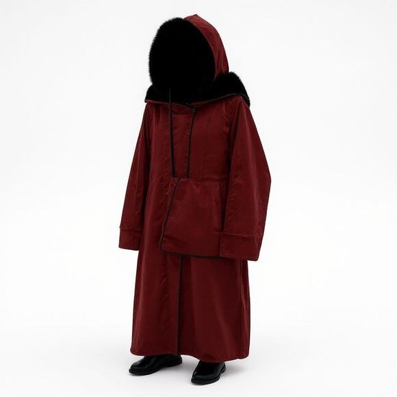 Vtg Plus Size Set 1X Reversible Velvet Coat Hooded Black Red Matching Purse - Picture 11 of 14